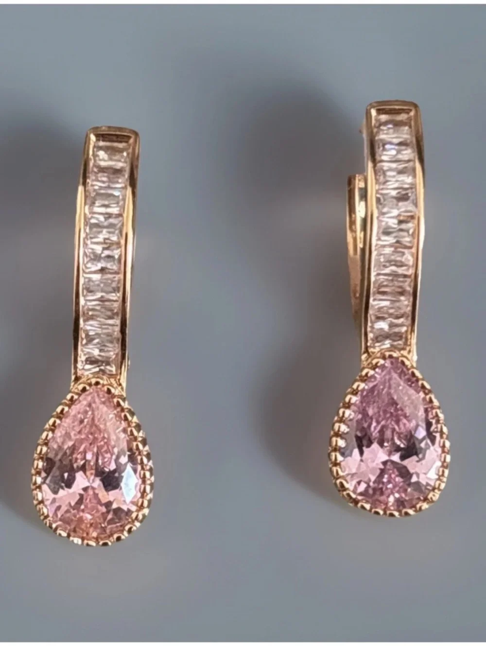 Rose Gold Plated Pink CZ Teardrop Dangle Hoop Earrings Baguette Accent - Picture 1 of 7